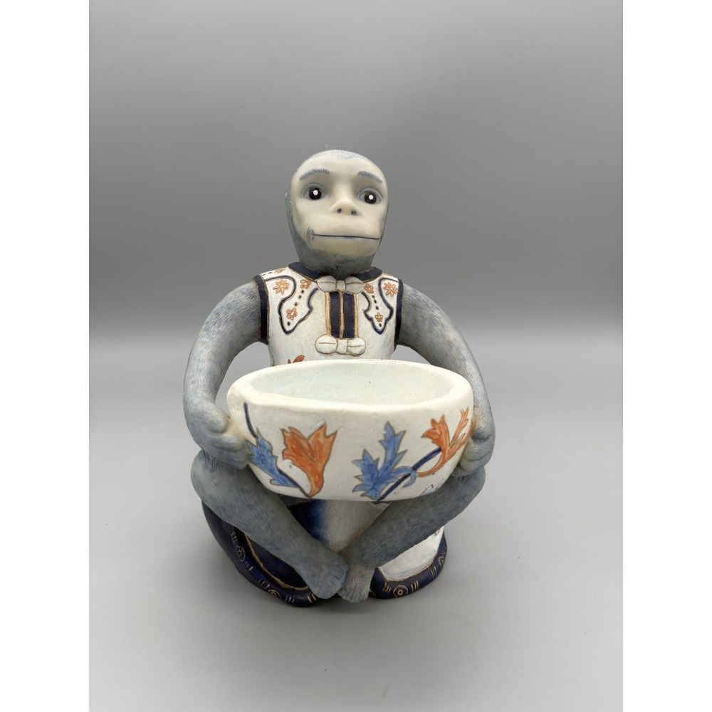 Vintage‎ Chinoiserie Porcelain Monkey Holding Bowl Hand Painted 8.25" Statue